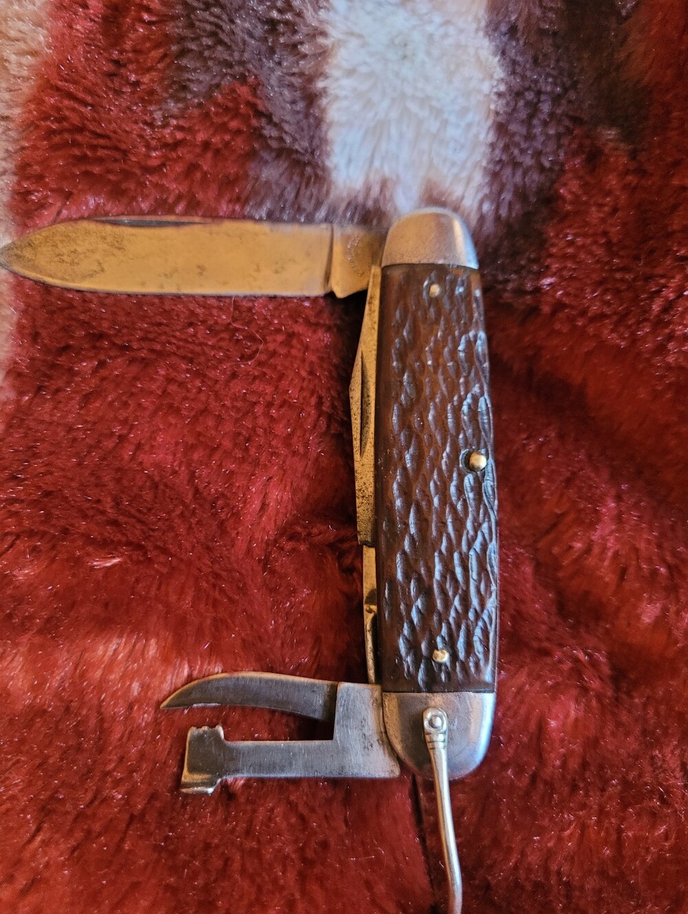 Pal Blade Co. WW2 Era 4 Blade Engineer Or Camp Knife With Brown Bone Scales USA.